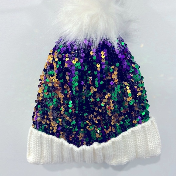 Colorful Sequin Beanie | Mardi Gras Theme | Warm & Festive | Soft Knitted - Picture 1 of 5